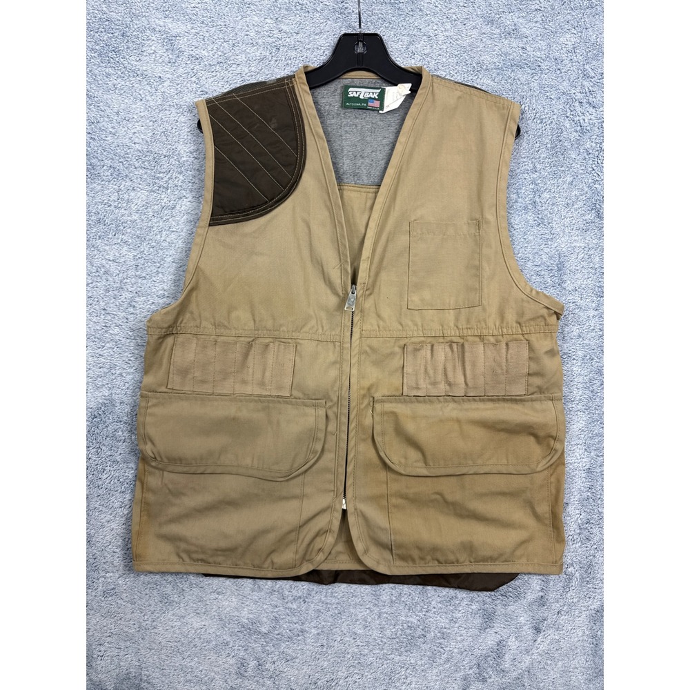 Saf-T-Bak Vintage Mens Tan Canvas Hunting Vest Game Bag Shell Loops USA Made M
